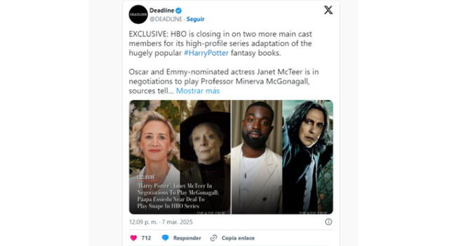 Esta es la publicación de Deadline sobre la elección de actores de Harry Potter. Fuente: X.
