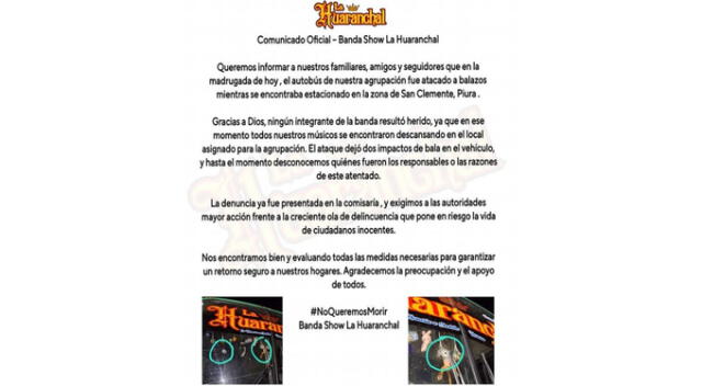 Comunicado de La Huaranchal. Fuente: La Huaranchal. Comunicado de La Huaranchal. Fuente: La Huaranchal.