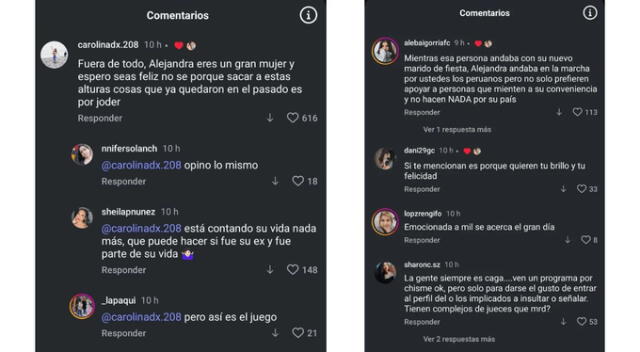 Comentarios en contra de Macarena Vélez a los que Alejandra Baigorria dio 'like'. Fuente: Instagram.