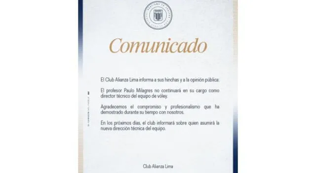 Comunicado de Alianza Lima. Fuente: Facebook. Comunicado de Alianza Lima. Fuente: Facebook.