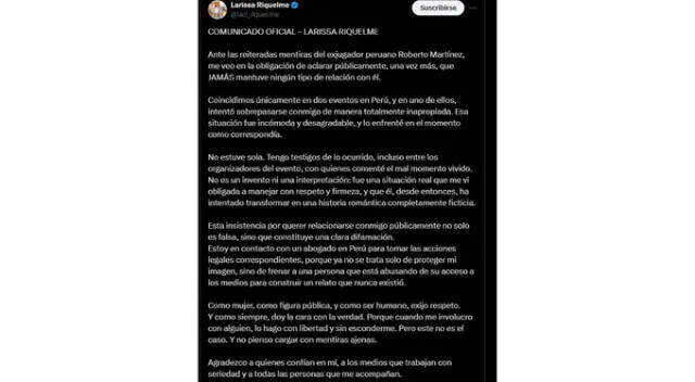 Comunicado de Larissa Riquelme. Fuente: X. Comunicado de Larissa Riquelme. Fuente: X.