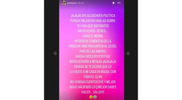 Comunicado de Pamela López contra Vanessa Pumarica. Fuente: Instagram.