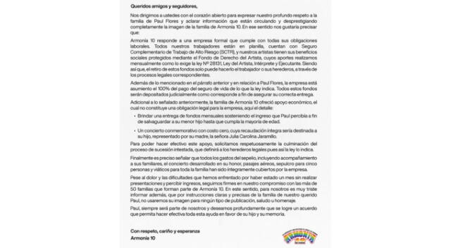 Comunica de Armonía 10 sobre Paul Flores. Fuente: Instagram. Comunica de Armonía 10 sobre Paul Flores. Fuente: Instagram.