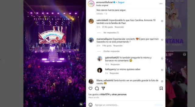 Usuarios preocupados por Irvin Saavedra de Armonía 10. Fuente: Instagram.