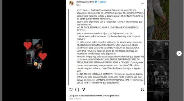 Mensaje de Milena Zárate. Fuente: Instagram.