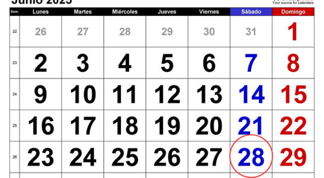 Calendario 28 de junio: ¿Es feriado? Calendario 28 de junio: ¿Es feriado?