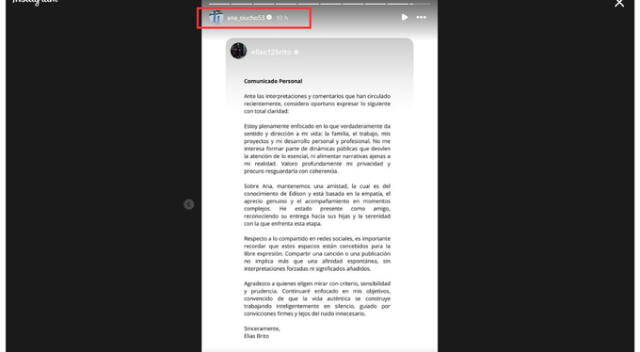 Ana Siucho confirma comunicado de Elías Brito. Fuente: Instagram. Ana Siucho confirma comunicado de Elías Brito. Fuente: Instagram.