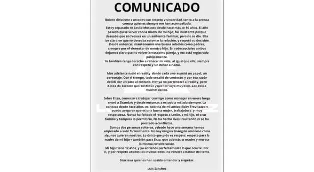 Comunicado de Luisito Sánchez. Fuente: Instagram. Comunicado de Luisito Sánchez. Fuente: Instagram.