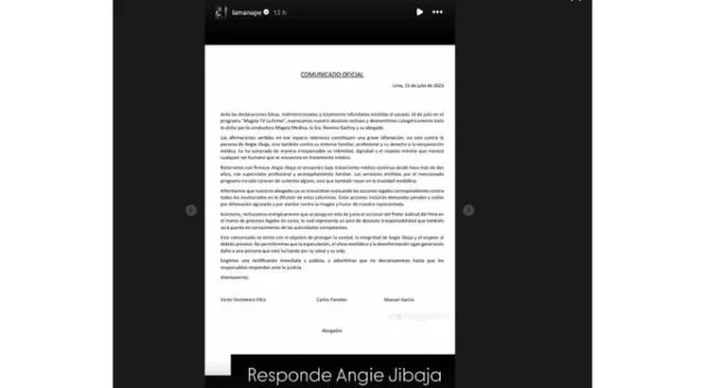 Comunicado de abogados de Angie Jibaja. Fuente: Instagram.