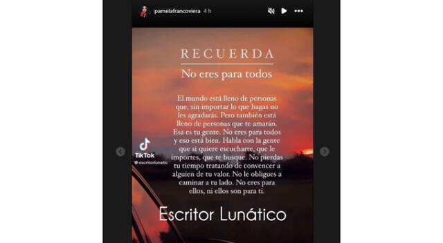 Mensaje de Pamela Franco. Fuente: Instagram. Mensaje de Pamela Franco. Fuente: Instagram.