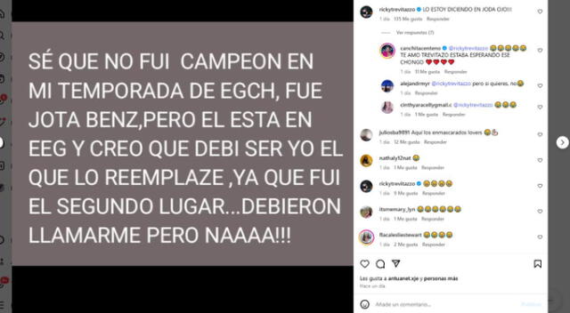 Mensaje de Ricky Trevitazzo. Fuente: Instagram. Mensaje de Ricky Trevitazzo. Fuente: Instagram.