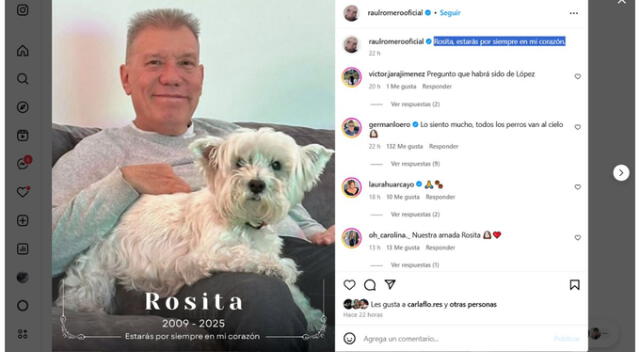Raúl Romero se pronuncia sobre la muerte de su perrita. Fuente: Instagram.