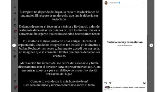 Comunicado de Korina Rivadeneira. Fuente: Instagram.