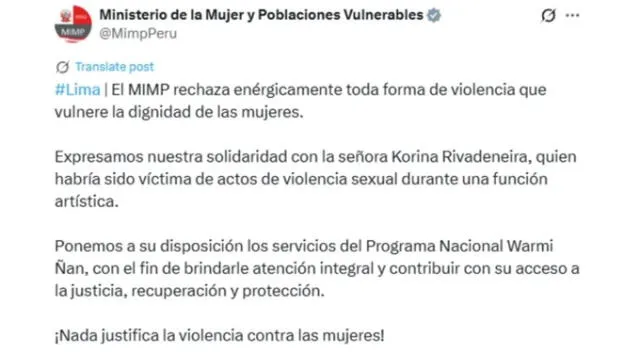 Comunicado del Ministerio de la Mujer. Fuente: X.