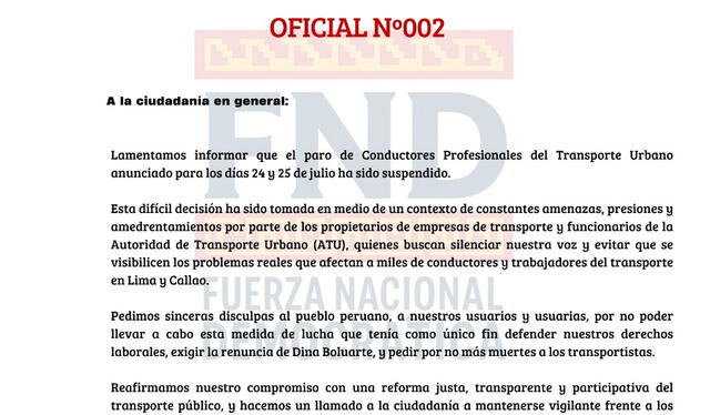 Comunicado por el paro de transportistas. Comunicado por el paro de transportistas.