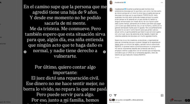 Mensaje de Korina Rivadeneira tras sentencia a bailarín. Fuente: Instagram. Mensaje de Korina Rivadeneira tras sentencia a bailarín. Fuente: Instagram.