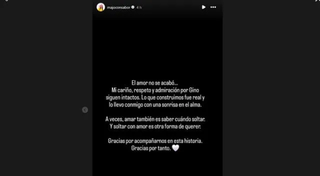 Comunicado de Majo con Sabor sobre su ruptura. Fuente: Instagram. Comunicado de Majo con Sabor sobre su ruptura. Fuente: Instagram.