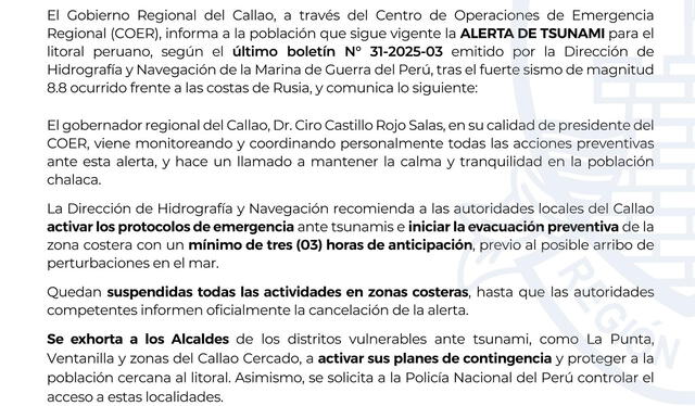 Gore Callao activa sus protocolos de seguridad ante alerta de tsunami. Gore Callao activa sus protocolos de seguridad ante alerta de tsunami.