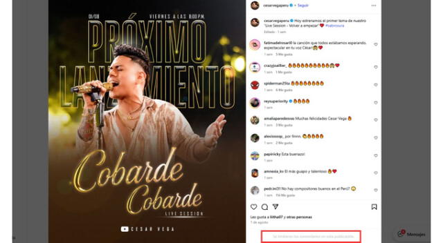 César Vega limitó sus comentarios. Fuente: Instagram.