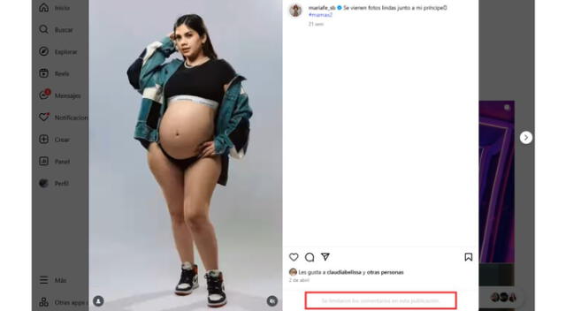 Maria Fe Saldaña limita sus comentarios. Fuente: Instagram.