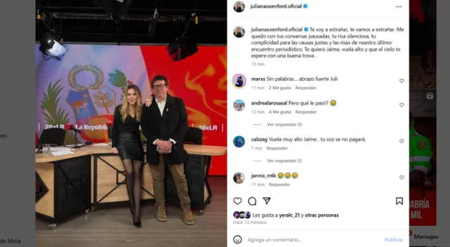 Mensaje de Juliana Oxenford a Jaime Chincha. Fuente: Instagram.