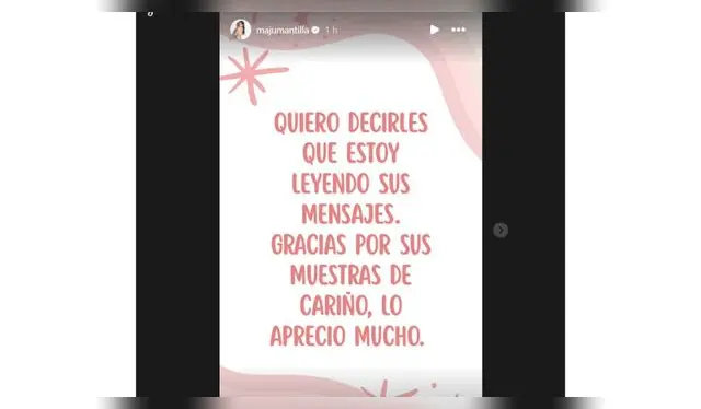 Mensaje de Maju Mantilla de agradecimiento. Fuente: Instagram.