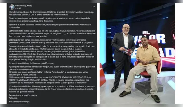 Beto Ortiz se pronuncia sobre caso 'Cri Cri'. Fuente: Facebook.