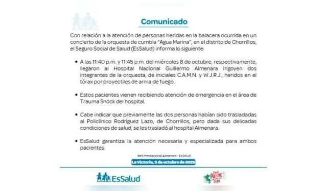 Comunicado de heridos en atentado de Agua Marina. Fuente: Essalud.