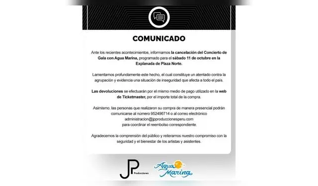 Comunicado de cancelación de concierto de Agua Marina. Fuente: Difusión. Comunicado de cancelación de concierto de Agua Marina. Fuente: Difusión.