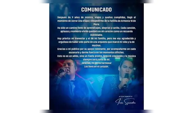 Comunicado de Irvin Saavedra sobre salida de Armonía 10. Fuente: Instagram.