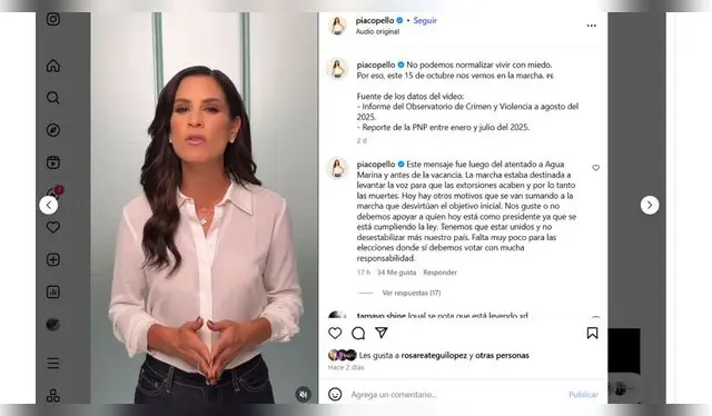 Mensaje de María Pía Copello sobre el presidente José Jerí. Fuente: Instagram. Mensaje de María Pía Copello sobre el presidente José Jerí. Fuente: Instagram.