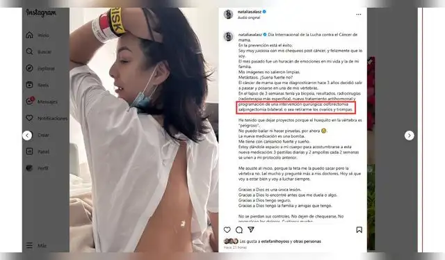 Natalia Salas anuncia que se programó su operación. Fuente: Instagram.