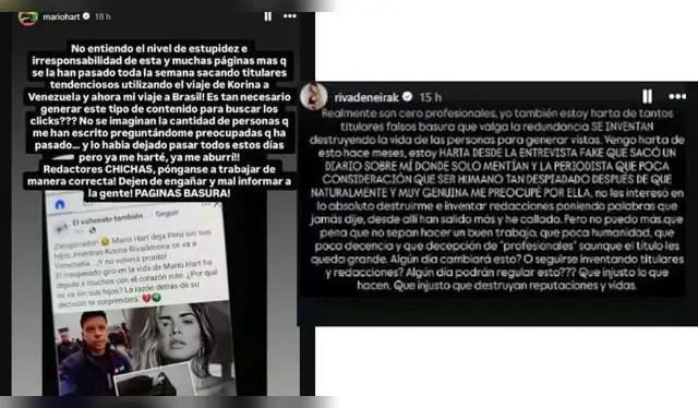 Mario Hart y Korina Rivadeneira se defienden. Fuente: Instagram. Mario Hart y Korina Rivadeneira se defienden. Fuente: Instagram.