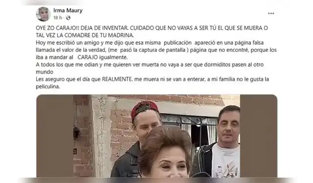 Comunicado de Irma Maury sobre su fallecimiento. Fuente: Facebook.