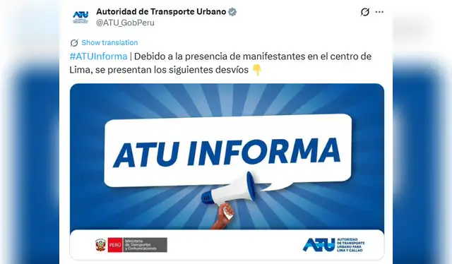 ATU anuncia desvíos por movilizaciones en centro de lima. ATU anuncia desvíos por movilizaciones en centro de lima.