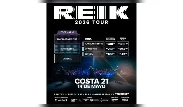 Precios oficiales del concierto de Reik en Lima 2026. Fuente: Teleticket. Precios oficiales del concierto de Reik en Lima 2026. Fuente: Teleticket.