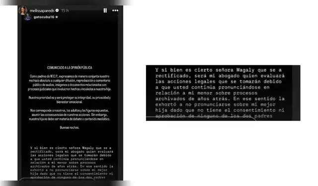 Comunicado de Melissa Paredes contra Magaly Medina. Fuente: Instagram.