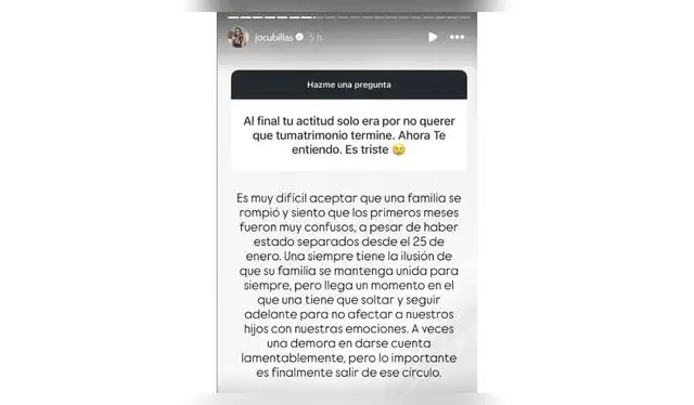 Respuesta de Johana Cubillas sobre su ruptura. Fuente: Instagram.
