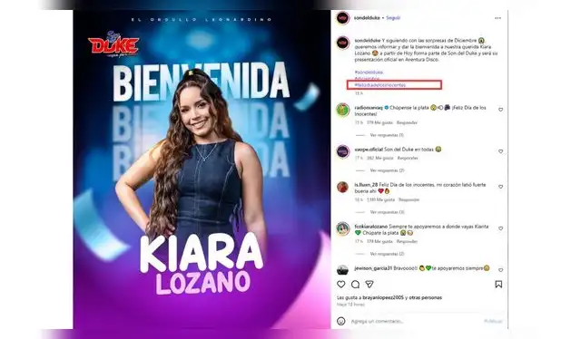 Publicación de Son Del Duke sobre Kiara Lozano. Fuente: Instagram.