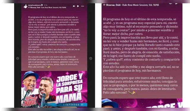 Mensaje de Jorge Luna sobre sorpresa a su mamá. Fuente: Instagram.
