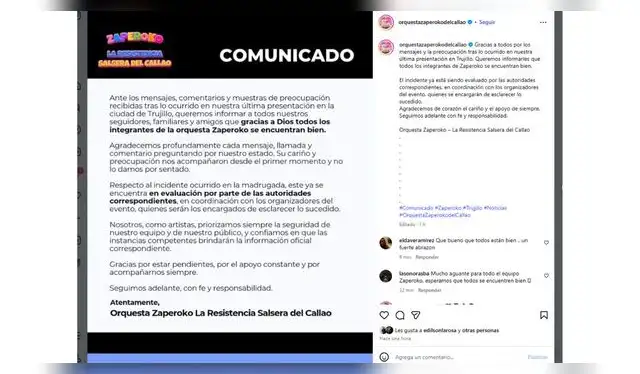 Comunicado de Zaperoko. Fuente: Instagram.