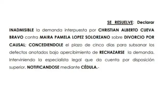 Documento del Poder Judicial sobre demanda de divorcio de Cueva a López. Fuente: Infobae.
