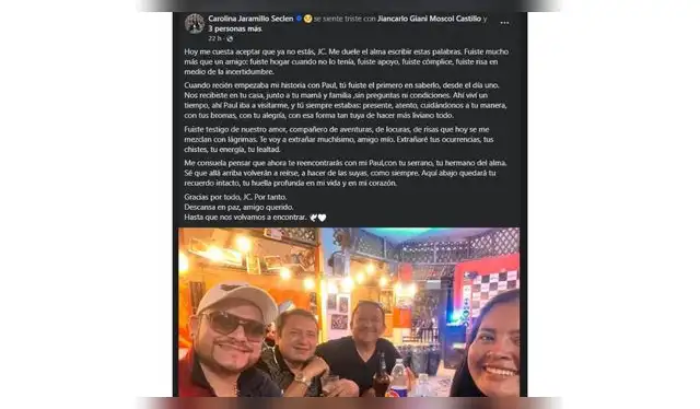 Mensaje de Carolina Jaramillo por la pérdida de su amigo. Fuente: Facebook.