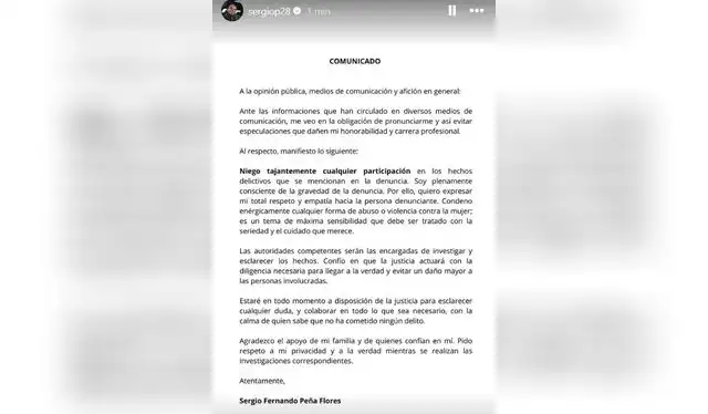 Comunicado de Sergio Peña. Fuente: Instagram.