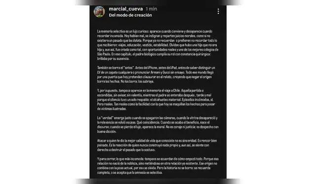 Comunicado de Marcial Cueva. Fuente: Instagram.