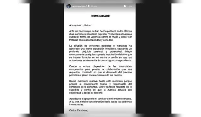 Comunicado de Carlos Zambrano. Fuente: Instagram.