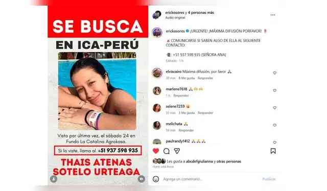 Erick Osores pide ayuda para encontrar a Thais Sotelo Urteaga. Fuente: Instagram. Erick Osores pide ayuda para encontrar a Thais Sotelo Urteaga. Fuente: Instagram.