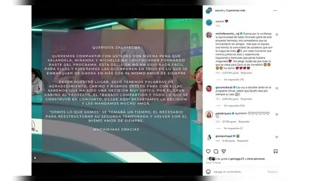 Comunicado de Zaca TV. Fuente: Instagram.