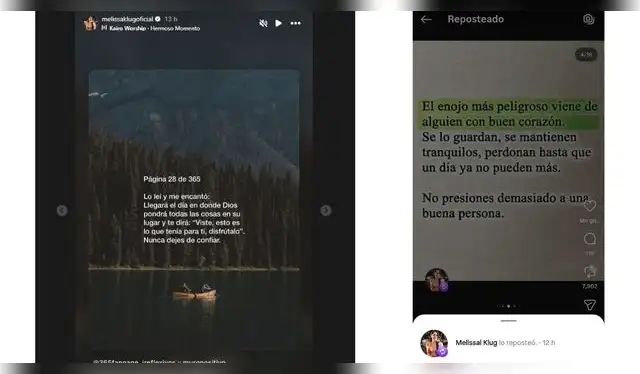 Estos son los mensajes de Melissa Klug en redes. Fuente: Instagram.   