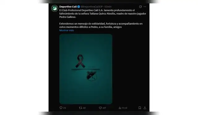 Comunicado sobre el fallecimiento de mamá de Pedro Gallese. Fuente: X.